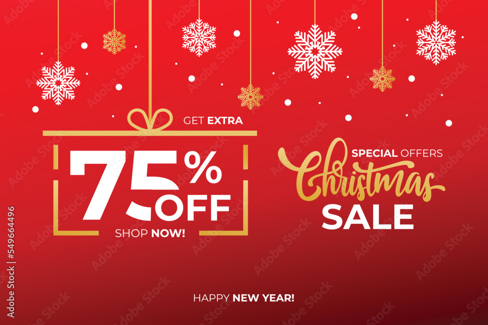 New year sale. Christmas sale label with sale precentage 75 percent. Horizontal posters, greeting cards, header, website. Red Card with Christmas snowflakes. Card or Christmas themed invitations. New year sale. Christmas sale label with sale precentage 75 percent. Horizontal posters, greeting cards, header, website. Red Card with Christmas snowflakes. Card or Christmas themed invitations.