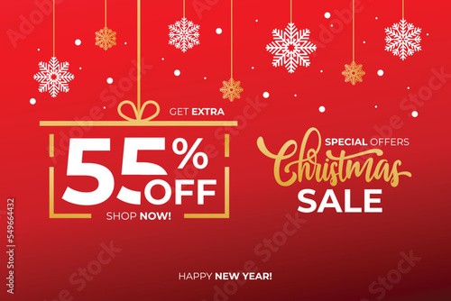 New year sale. Christmas sale label with sale precentage 55 percent. Horizontal posters  greeting cards  header  website. Red Card with Christmas snowflakes. Card or Christmas themed invitations.