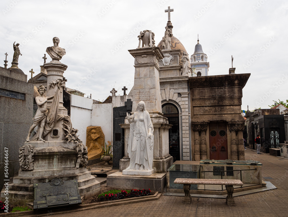 Baroque, neo-gothic and modern tombs and mausoleums in La Recoleta Cemetery, Buenos Aires, Argentina, contain the burial places of famous national figures.
