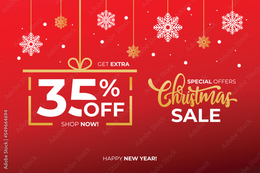 New year sale. Christmas sale label with sale precentage 35 percent. Horizontal posters, greeting cards, header, website. Red Card with Christmas snowflakes. Card or Christmas themed invitations. New year sale. Christmas sale label with sale precentage 35 percent. Horizontal posters, greeting cards, header, website. Red Card with Christmas snowflakes. Card or Christmas themed invitations.
