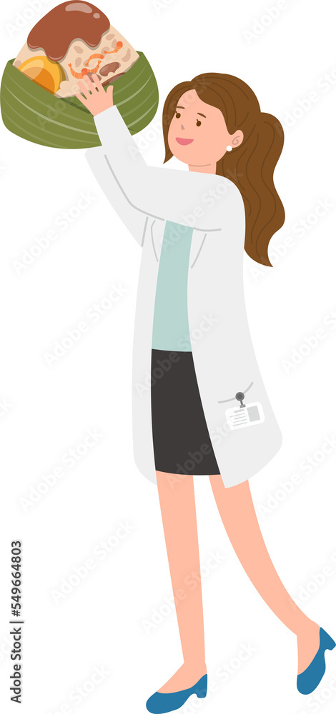 Female paramedic or scientist or medical expert with Chinese festival Dragon Boat Festival with traditional food Zongzi Female paramedic or scientist or medical expert with Chinese festival Dragon Boat Festival with traditional food Zongzi