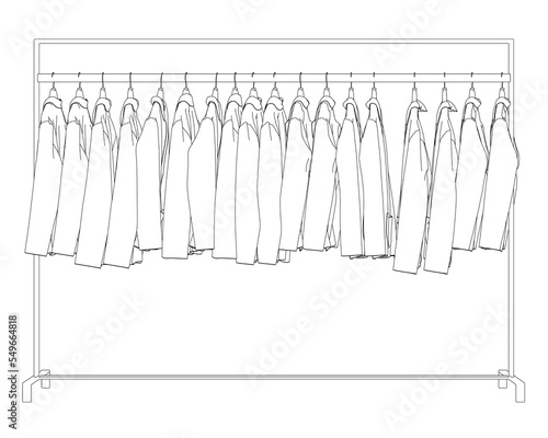 Outline of many jackets hanging on a hanger. Side view. 3D. Vector illustration. photo