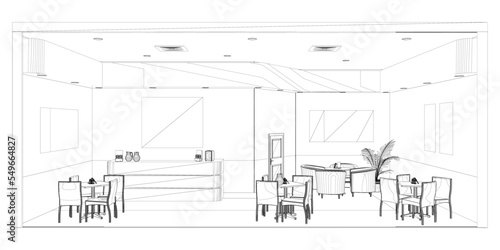 The contour of the cafe premises with tables and reception from black lines isolated on a white background. Front view. 3D. Vector illustration.