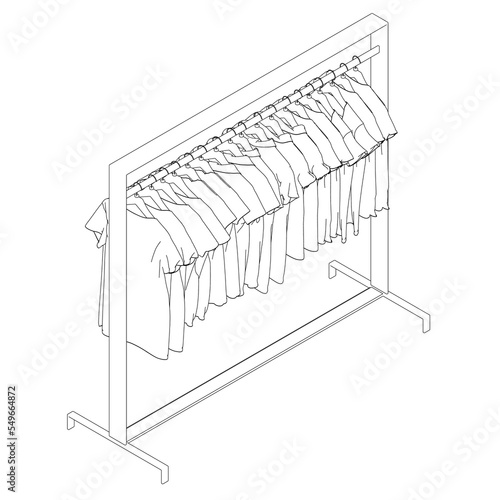 Outline of many t-shirts hanging on a hanger from black lines isolated on a white background. Isometric view. 3D. Vector illustration.