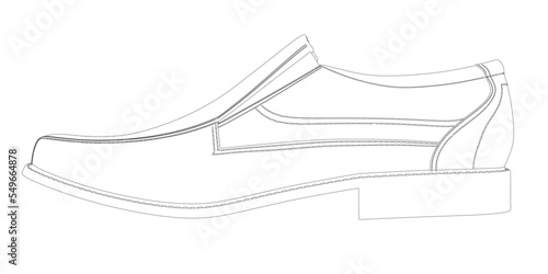 Contour of men's shoes from black lines isolated on white background. Side view. 3D. Vector illustration.