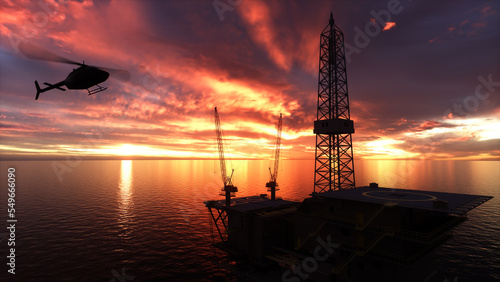 Oil Platform Oil Rig or Offshore Platform with Helicopter landing on it. Sunset silhouette. 3D render. © Source Of Yours
