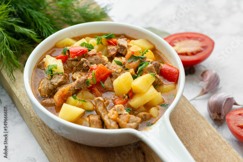 Bograch - Hungarian soup goulash with beef meat, potatoes, peppers and tomatoes