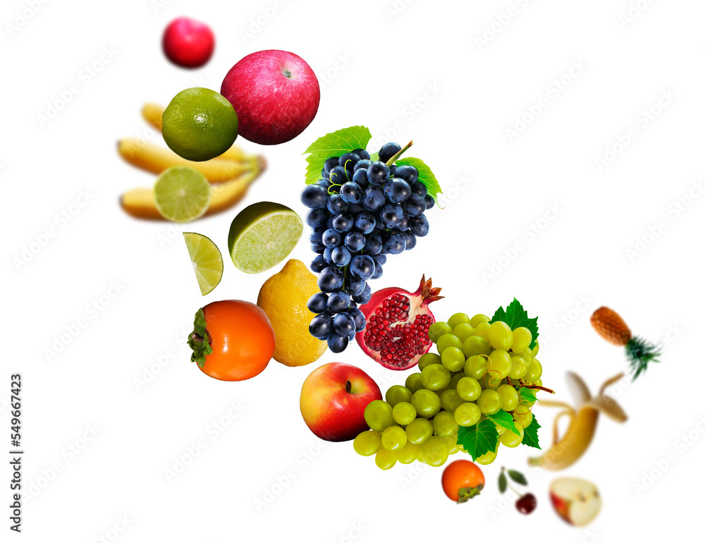 Juicy, tasty, fresh ananas, kiwi, grapes, limon, banan, apple,cherry levitate on a white background, healthy diet. Fresh fruits and vegetables
