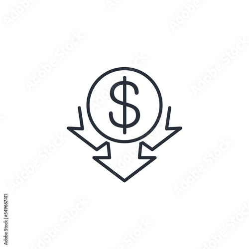 Arrows down and dollar. Vector linear icon isolated on white background.