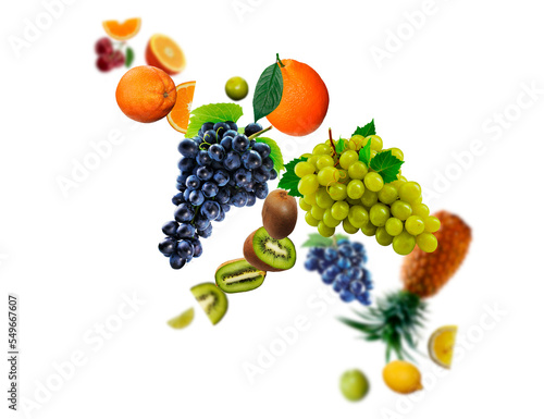 Fototapeta Naklejka Na Ścianę i Meble -  Juicy, tasty, fresh grape, kiwi, orange. pineapple, cherry, lime levitate on a white background, healthy diet. Fresh fruits and vegetables