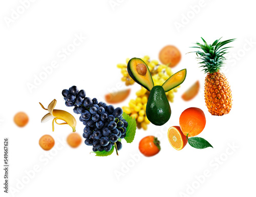 Fototapeta Naklejka Na Ścianę i Meble -  Juicy, tasty, fresh grape, orange, ananas, persimmon  levitate on a white background, healthy diet. Fresh fruits and vegetables