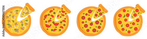 A set of pizzas with different flavors with a cut off slice with melted cheese