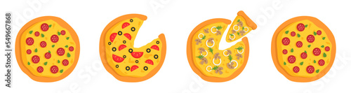 A set of pizzas with different flavors with a cut off slice with melted cheese