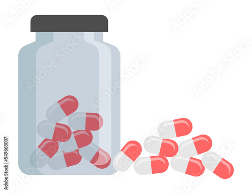 Medical bottle with label. Pill flat icon isolated on white background. Flat vector illustration. 