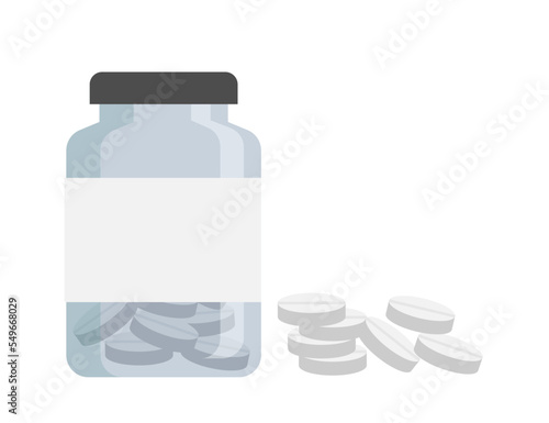 Medical bottle with label. Pill flat icon isolated on white background. Flat vector illustration. 