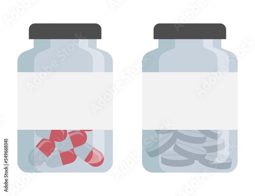 Medical bottle with label. Pill flat icon isolated on white background. Flat vector illustration. 
