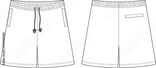 Technical sketch blank shorts pants design template. Casual shorts with pockets and lace.