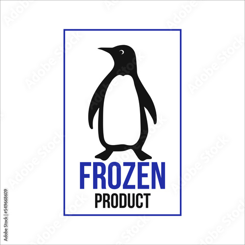 Frozen product logo with penguin. Food package label, storage instruction vector design