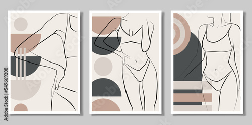 A set of three paintings. Abstract drawing with a female face, silhouette, elements of simple geometric shapes, in a linear drawing. Abstract. A woman's body.