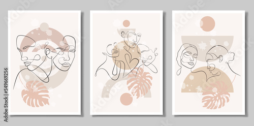 A set of three paintings. Vector portrait in a minimalist style. Geometric shapes, leaves, female portrait. Hand-drawn abstract female print. Used for social media stories.