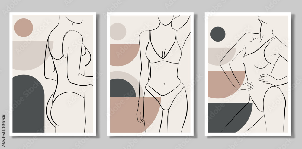 A set of three paintings. Abstract drawing with a female face, silhouette, elements of simple geometric shapes, in a linear drawing. Abstract. A woman's body.