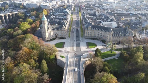 Scenic Drone Aerial Footage of Luxembourg City, including Cathédrale Notre-Dame, Pont Adolphe and Bourbon-Platte