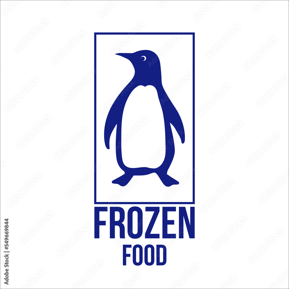 Obraz premium Frozen food. Blue logo with penguin. Food package label, storage instruction vector design