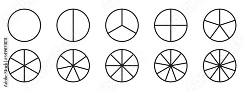 Circles divided diagram 3, 10, 7, graph icon pie shape section chart. Segment circle round vector 6, 9 devide infographic