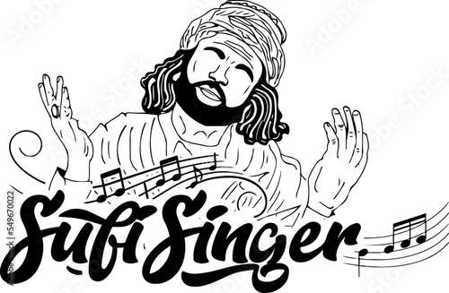 Indian sufi singer sketch drawing illustration, qawwali singer vector clip art, Islamic classic singer logo, Indian ghazal singer emblem, folk singer cartoon character