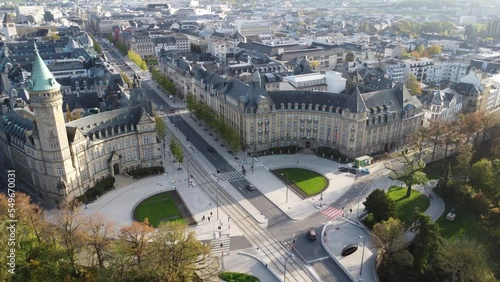 Scenic Drone Aerial Footage of Luxembourg City, including Cathédrale Notre-Dame, Pont Adolphe and Bourbon-Platte