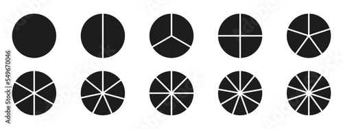 Circles divided diagram 3, 10, 7, graph icon pie shape section chart. Segment circle round vector 6, 9 devide infographic