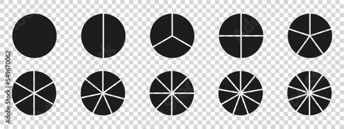 Circles divided diagram 3, 10, 7, graph icon pie shape section chart. Segment circle round vector 6, 9 devide infographic