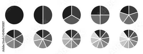 Circles divided diagram 3, 10, 7, graph icon pie shape section chart. Segment circle round vector 6, 9 devide infographic