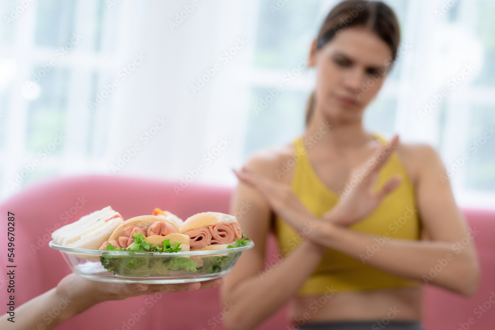 Beautiful Caucasian woman refusing to eat fast food. Beautiful Caucasian woman refusing to eat fast food.