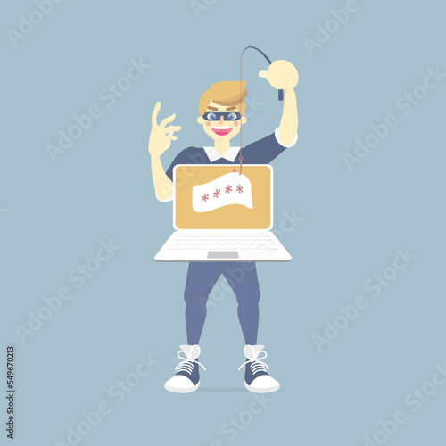 hacker scammer online stealing password with computer note book laptop, phishing cyber crime concept, flat vector illustration character cartoon design clip art