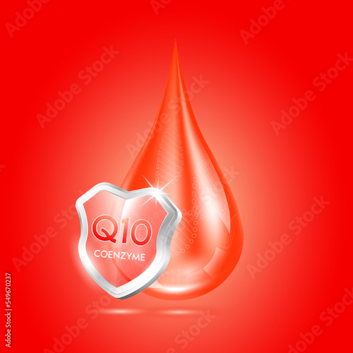 Drop coenzyme Q10 red and glass shield transparent reflection shining. Protection the body stay healthy. For skincare cosmetics, nutrition products food. Medical concepts. Isolated 3D realistic vector