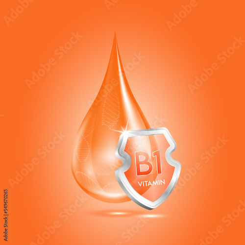 Drop vitamin B1 orange and glass shield transparent reflection shining. Protection the body stay healthy. For skincare cosmetics, nutrition products food. Medical concepts. Isolated 3D vector.