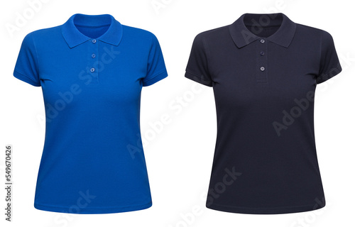 Woman blue polo shirt isolated on white. Mockup female polo t-shirt front view with short sleeve
