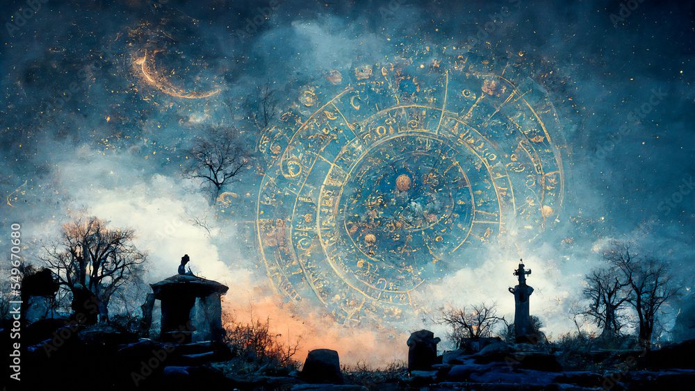 A circular zodiac drawn in the night sky above a gloomy cemetery can be used for clairvoyance or readings related to death or endings.