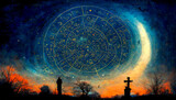 A dark night sky is filled with a circular and astrological zodiac drawn in the night. It is used for clairvoyance or black or negative horoscopes related to death or the end of an era.