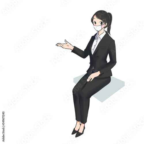 マスクを着用し案内をする椅子に座った女性のイラスト