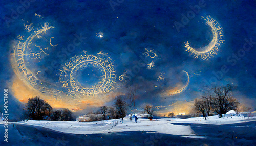 Magical and astrological zodiac in a winter and snow landscape, starry sky with symbolic astrological signs. For horoscopes or divination in connection with the millenary astrology. photo