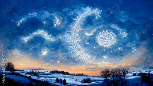 This image features a magical winter landscape with snow-covered trees and stars in the sky. It is used for astrological readings or divination related to the millenary astrology. photo