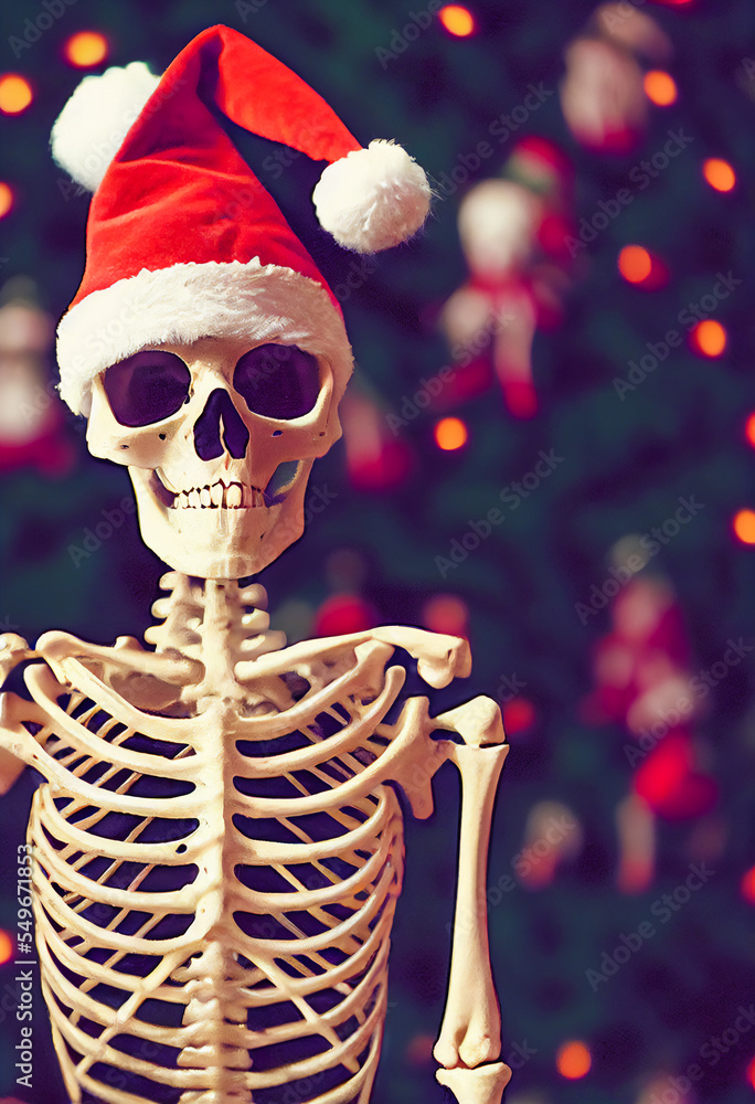 Santa Claus skeleton, with a red hat, for festive poster on the holidays or transition after Halloween Santa Claus skeleton, with a red hat, for festive poster on the holidays or transition after Halloween