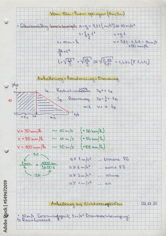 Fototapeta premium School student's notes on physics, in a school notebook about the about acceleration and deceleration processes