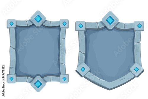 Set stone frame with border and gemstones, shield shape, empty medieval menu panel in cartoon style isolated on white background.