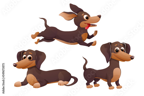 Set cute dachshund puppy, jumping, lying and standing and smiling in cartoon style, bright pet character isolated on white background.