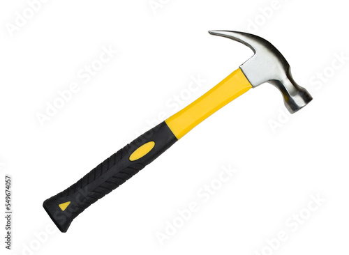 Hammer with yellow and black handle. PNG clipart isolated on transparent background
