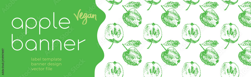 Vector fruit label template. Vegan fruit banner, ripe apple background. Drawings of green apples pattern seamless. Baby food packaging, juice tag design. Organic jam, confectionery package, cosmetics. Vector fruit label template. Vegan fruit banner, ripe apple background. Drawings of green apples pattern seamless. Baby food packaging, juice tag design. Organic jam, confectionery package, cosmetics.