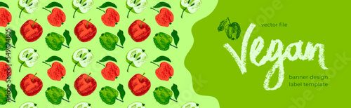 Vector fruit label template. Vegan fruit banner, ripe apple background. Drawings of green apples pattern seamless. Baby food packaging, juice tag design. Organic jam, confectionery package, cosmetics.